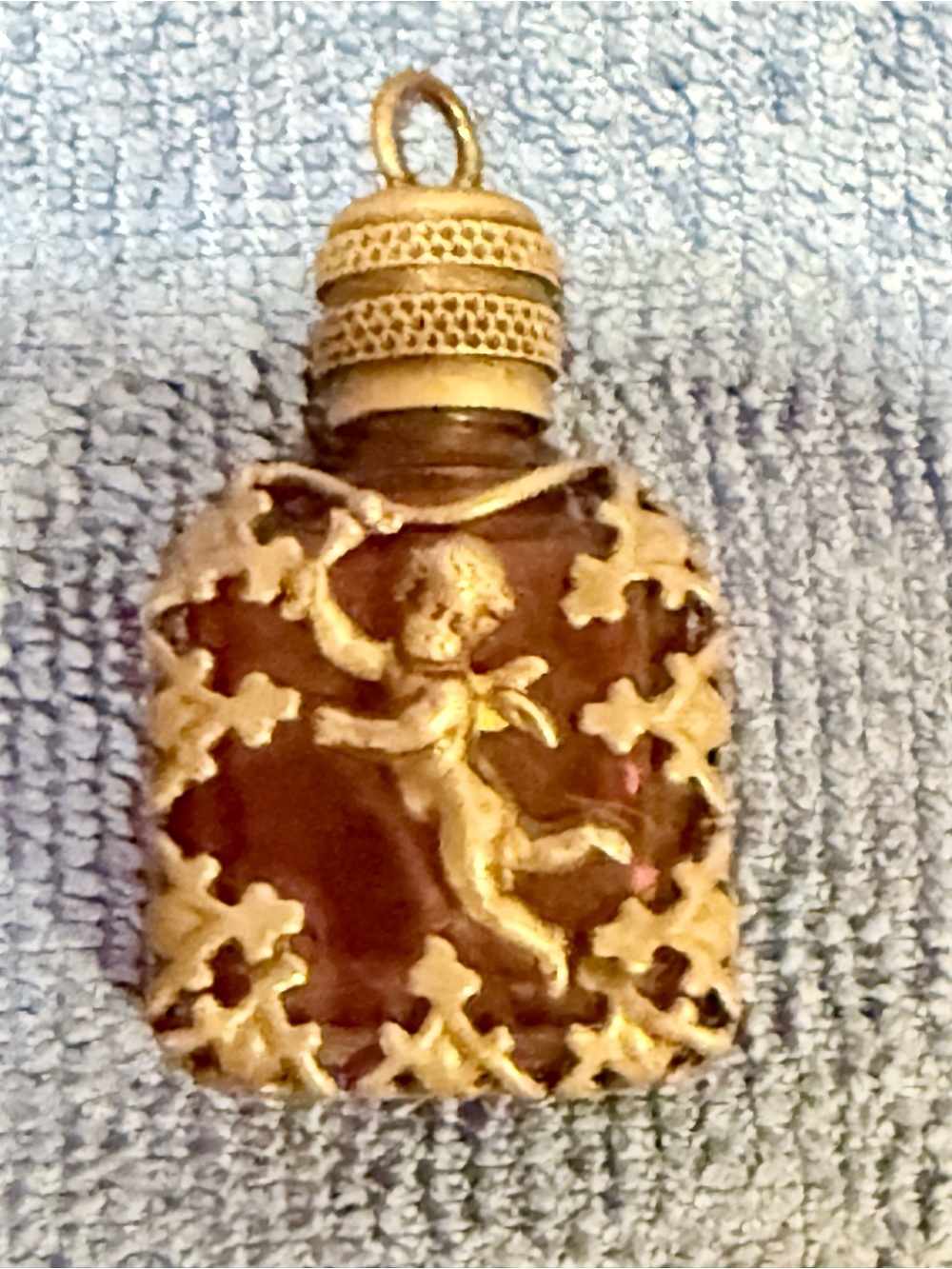 Vintage  Glass Perfume Bottle with Gold Filigree Cherub